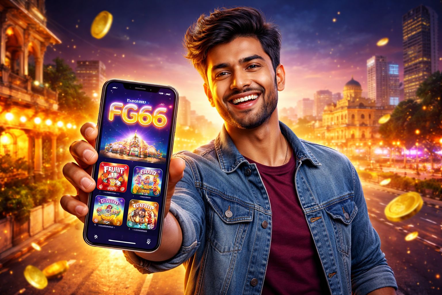 Confident Bangladeshi gaming enthusiast presenting the FG66 digital casino lobby with glowing neon chips symbolizing trust and thrilling entertainment