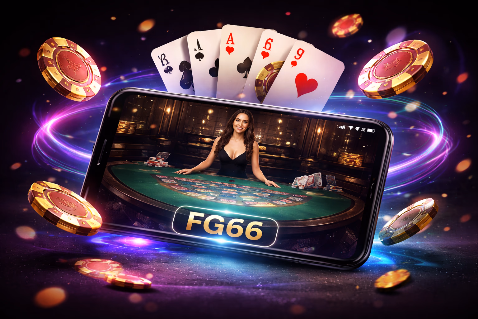 Stylish Bangladeshi woman navigating the FG66 betting app on her smartphone with casino chips and neon lights surrounding her