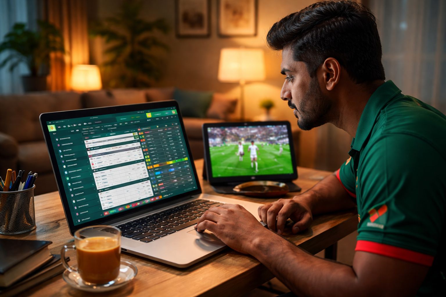 Focused Bangladeshi bettor analyzing football and cricket odds on a laptop using the FG66 betting platform in a comfortable home setting