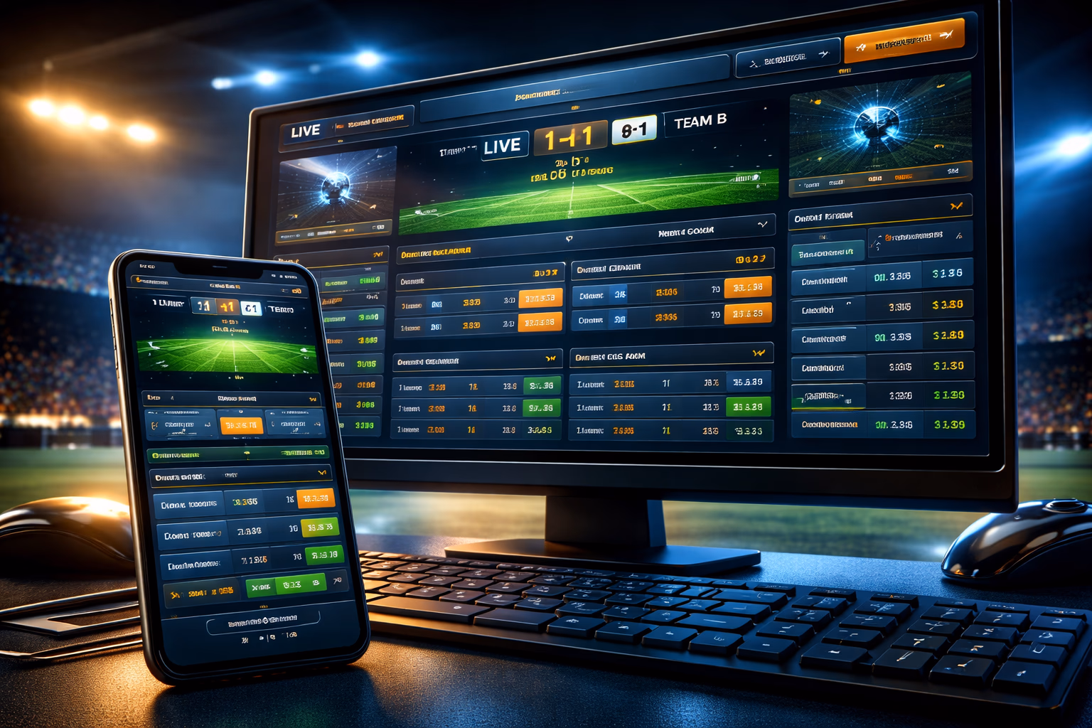 Bangladeshi sports enthusiast placing in-play bets on cricket and football using multiple devices connected to the FG66 live betting platform