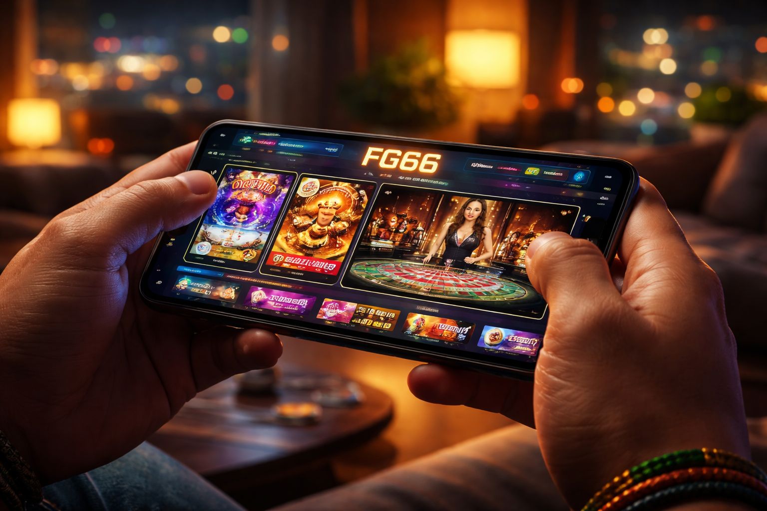 Vibrant digital casino interface glowing from a modern device with spinning reels and floating chips symbolizing the thrilling FG66 Casino experience in Bangladesh