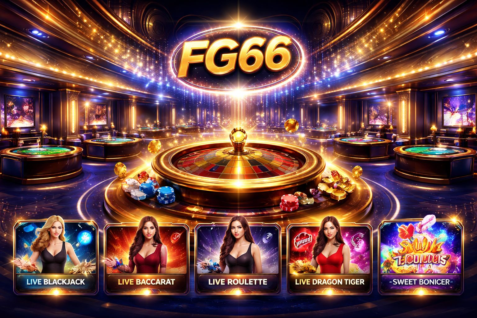 Confident casino host standing beside a gleaming roulette wheel surrounded by golden light effects symbolizing the trustworthy and premium live gaming environment at FG66 Casino