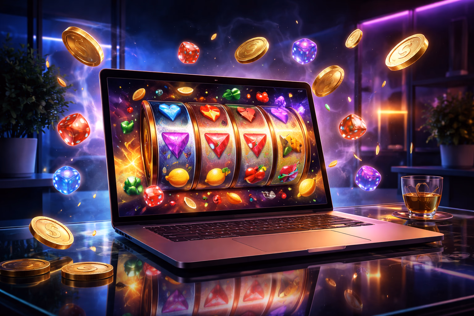 Sleek desktop monitor displaying the FG66 Aviator crash game alongside glowing betting chips and a spinning roulette wheel in a dynamic digital casino scene