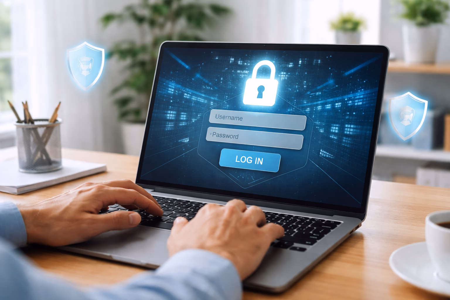 Professional casino host gesturing confidently in a sleek gaming environment with encrypted login elements displayed on screen representing FG66 security