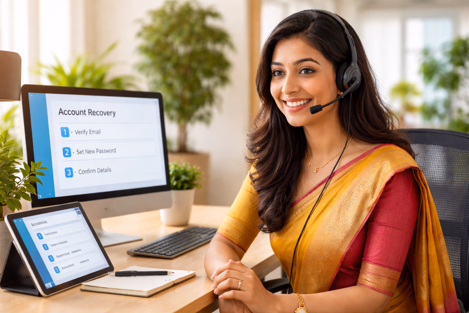 Warm and welcoming Bengali support specialist assisting a player with FG66 account recovery in a bright modern office
